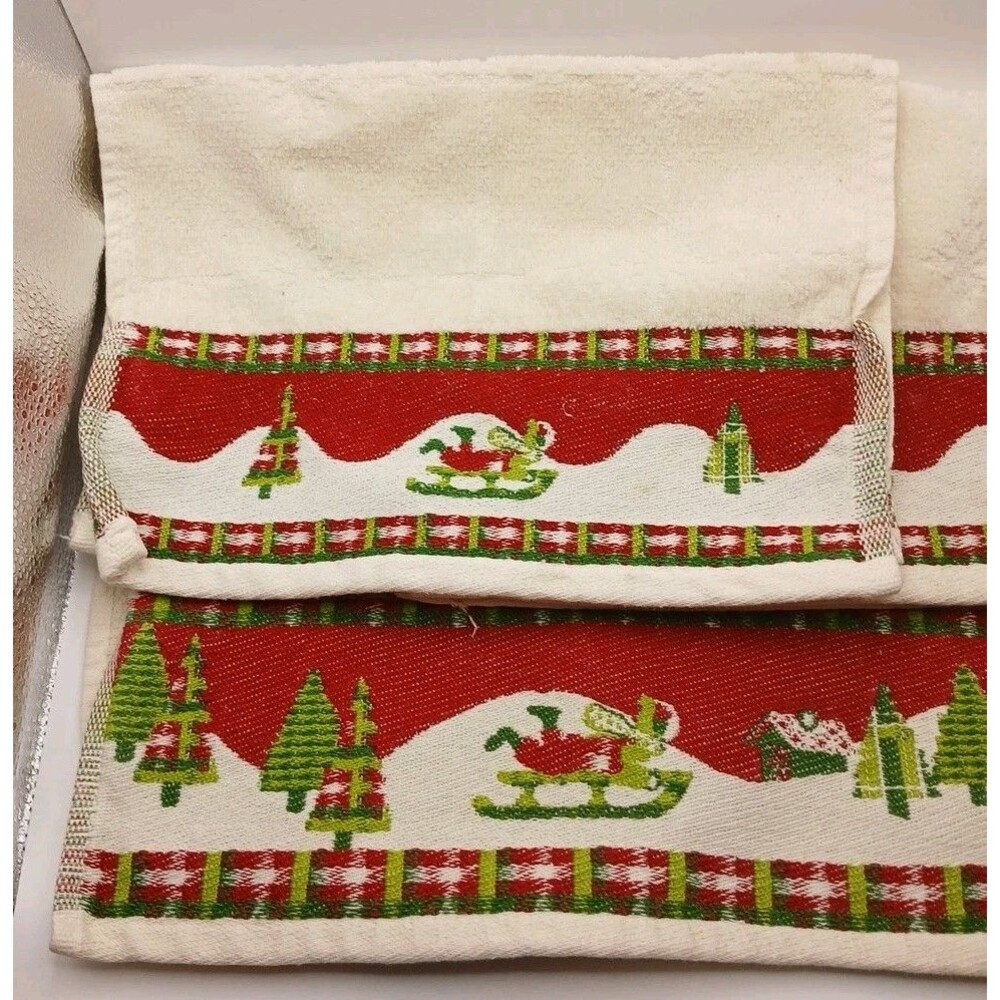 Wellspun Hand Towel and Washcloth Set Christmas Sledding Embroidered Pine Trees